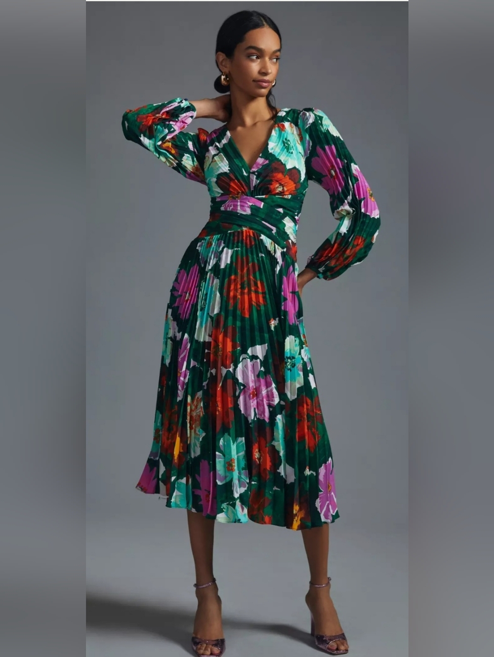 ​Anthropologie Maeve Long Sleeve Floral Midi Dress Empire Waist Pleated Size 12